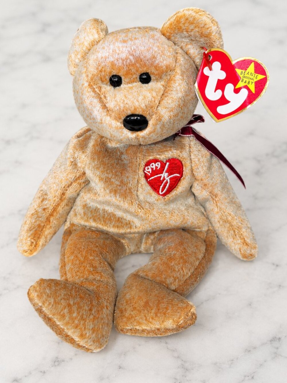 Ty Beanie Baby 1999 Signature Bear Tan Teddy Burgundy Ribbon Retired Vintage